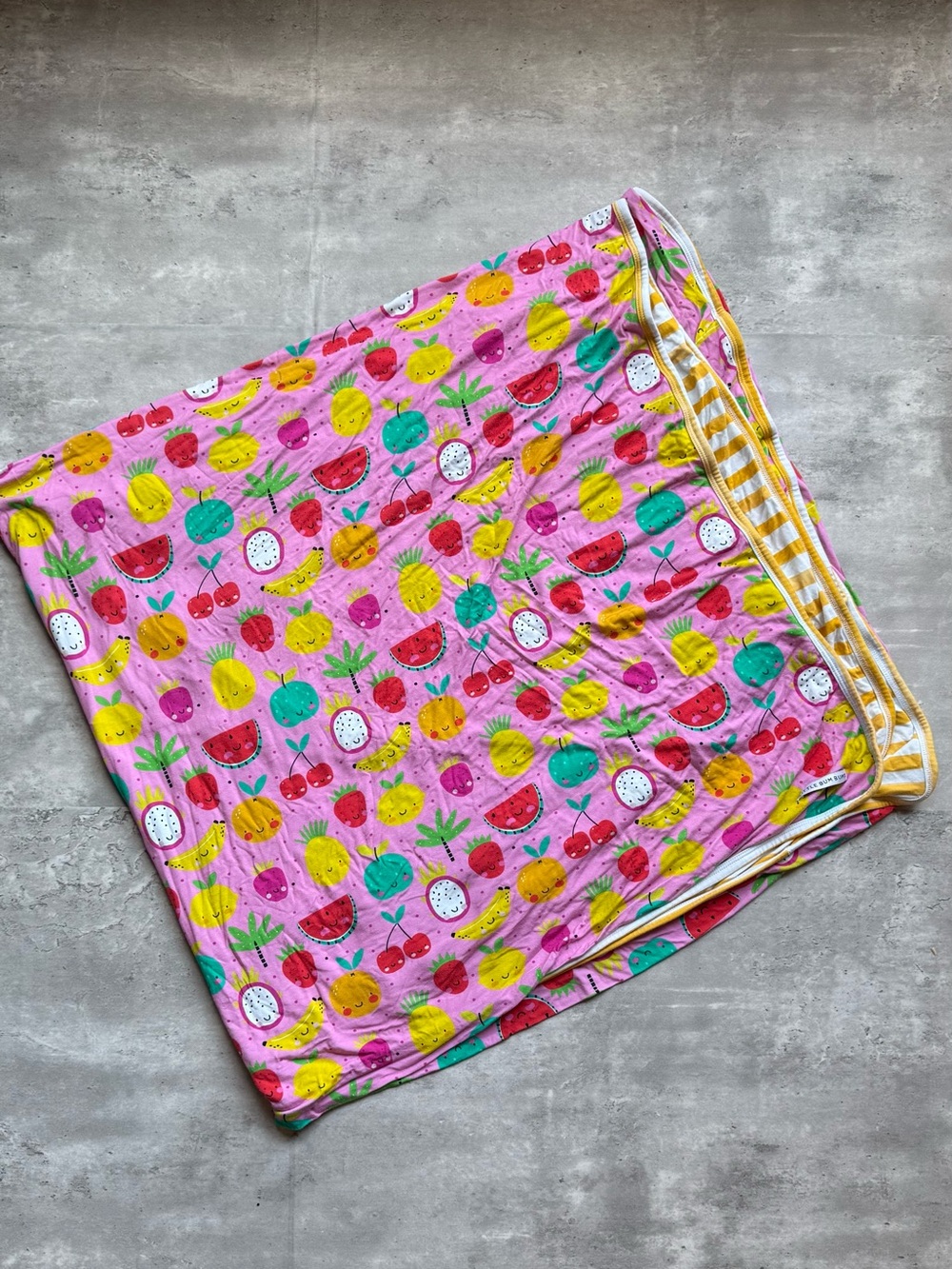 Little Bum Bums Bright Pink Fruit Print Baby Swaddle Blanket Yellow Stripe